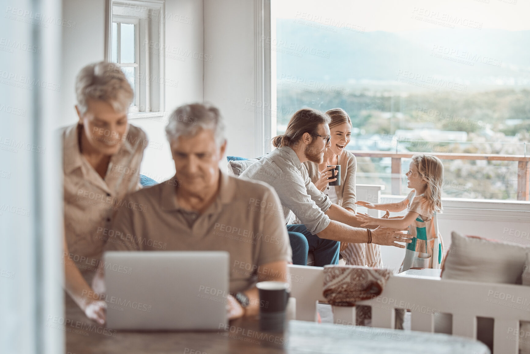 Buy stock photo Senior couple, laptop and reading with family in living room for email, contact and happy on holiday. Grandparents, computer and typing with search for restaurant booking for lunch with children