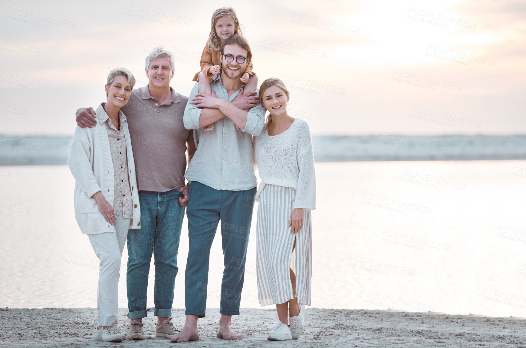 Buy stock photo Grandparents, parents and kid for beach portrait for bonding, relax and travel together in nature. Family mockup, happy and mom, dad and girl by ocean for holiday, vacation and adventure outdoors