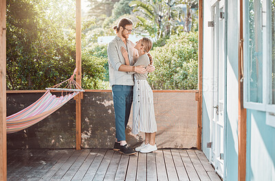 Buy stock photo Couple, hug and happy on patio by garden with love, bonding and outdoor in spring for connection. People, man and woman with embrace, together and care in backyard for eye contact by trees in Croatia