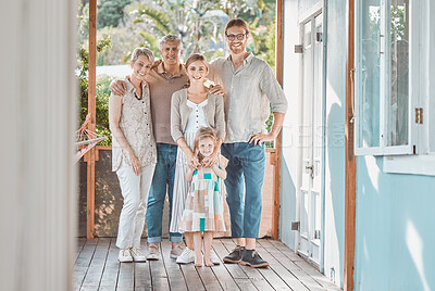 Buy stock photo Happy, big family and portrait with child for bonding, holiday or weekend together on outdoor porch at home. Grandparents, parents and young kid with smile for childhood, love or support at house