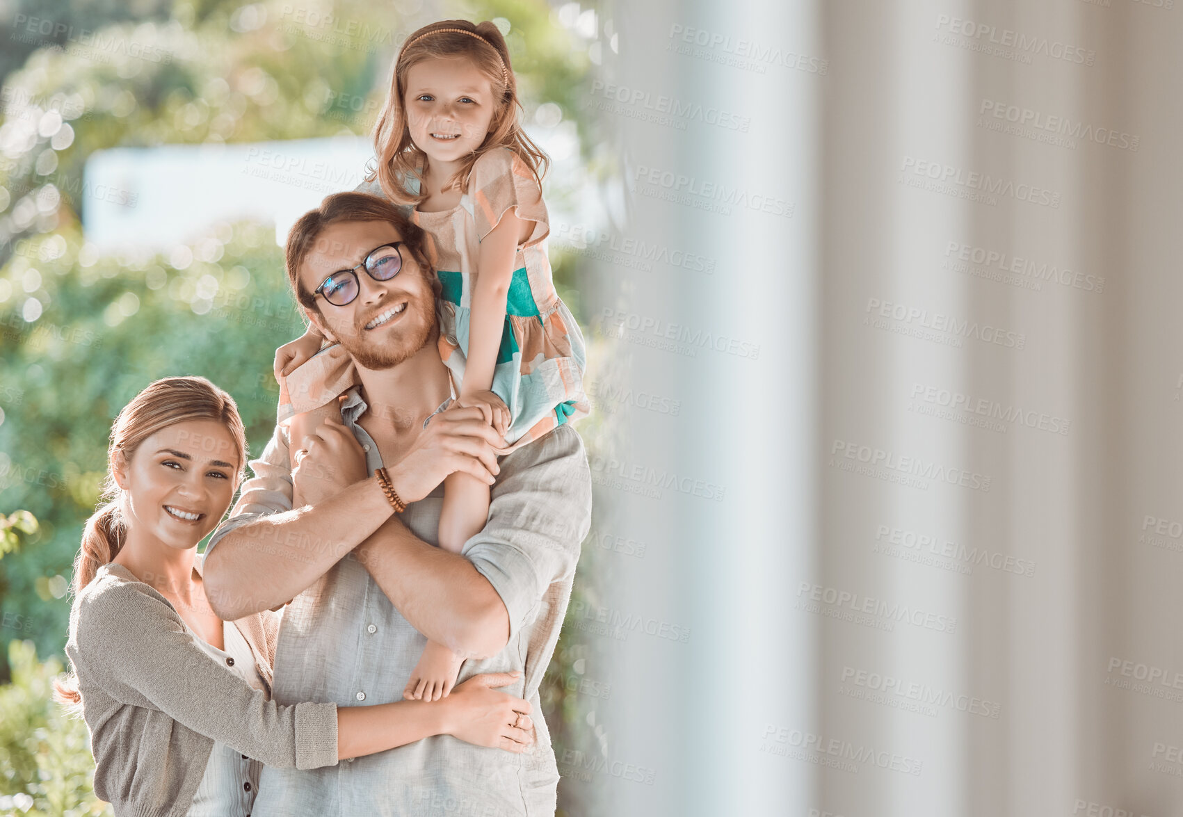 Buy stock photo Happy family, portrait and shoulder with daughter for love, support or care on holiday weekend at home. Father, mother and little girl, child or kid with smile for bonding moment on space at house