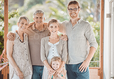 Buy stock photo Happy, big family and portrait with kid for bonding, holiday or weekend together on outdoor porch at home. Grandparents, parents and young daughter with smile for childhood, love or support at house