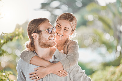 Buy stock photo Couple, happy and piggy back in garden with care, bonding and playful outdoor in spring for connection. People, man and woman with embrace, love and smile together in backyard for hug in Croatia