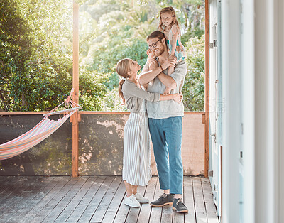 Buy stock photo Home, porch and family with love, care and gratitude with insurance cover, bonding together and nature. Apartment, outdoor and parents with kid, daughter and mother with father, real estate and smile