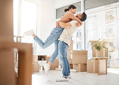 Buy stock photo Love, moving and hug with couple in new home for celebration, property and relocation. Excited, happy and real estate with man and woman in living room apartment for investment, rent and homeowner