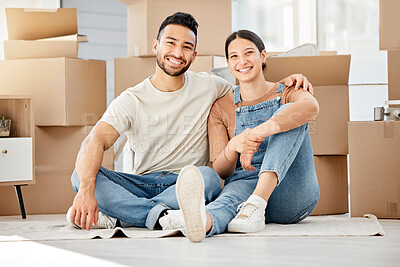 Buy stock photo Happy, moving and box with portrait of couple in living room of new home for investment, property or support. Real estate, packing and goal with man and woman in apartment for rent, homeowner or love