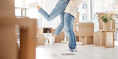 Buy stock photo Happy, legs and couple hug in new house success, real estate and love for gratitude of property investment. Care, woman and man with embrace, support and bonding for homeowner security celebration

