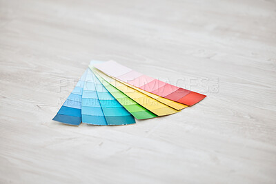 Buy stock photo Closeup shot of colour swatches on the floor of a house