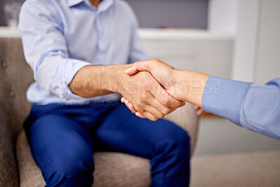 Buy stock photo Business people, teamwork and handshake for cooperation, partnership and b2b deal with company merger. Closeup, collaboration or success with professional, thank you and welcome with support or trust