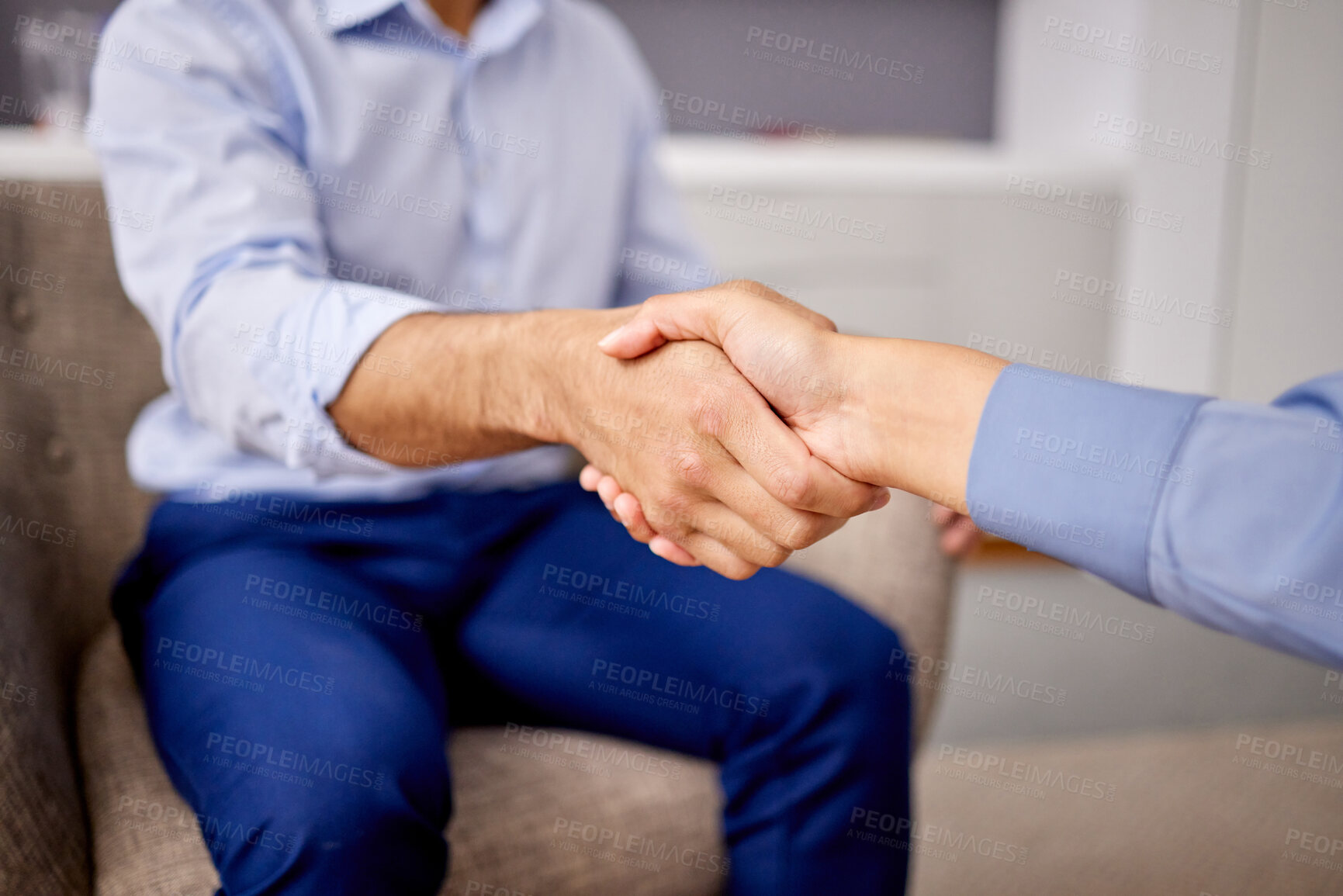 Buy stock photo Business people, teamwork and handshake for cooperation, partnership and b2b deal with company merger. Closeup, collaboration or success with professional, thank you and welcome with support or trust