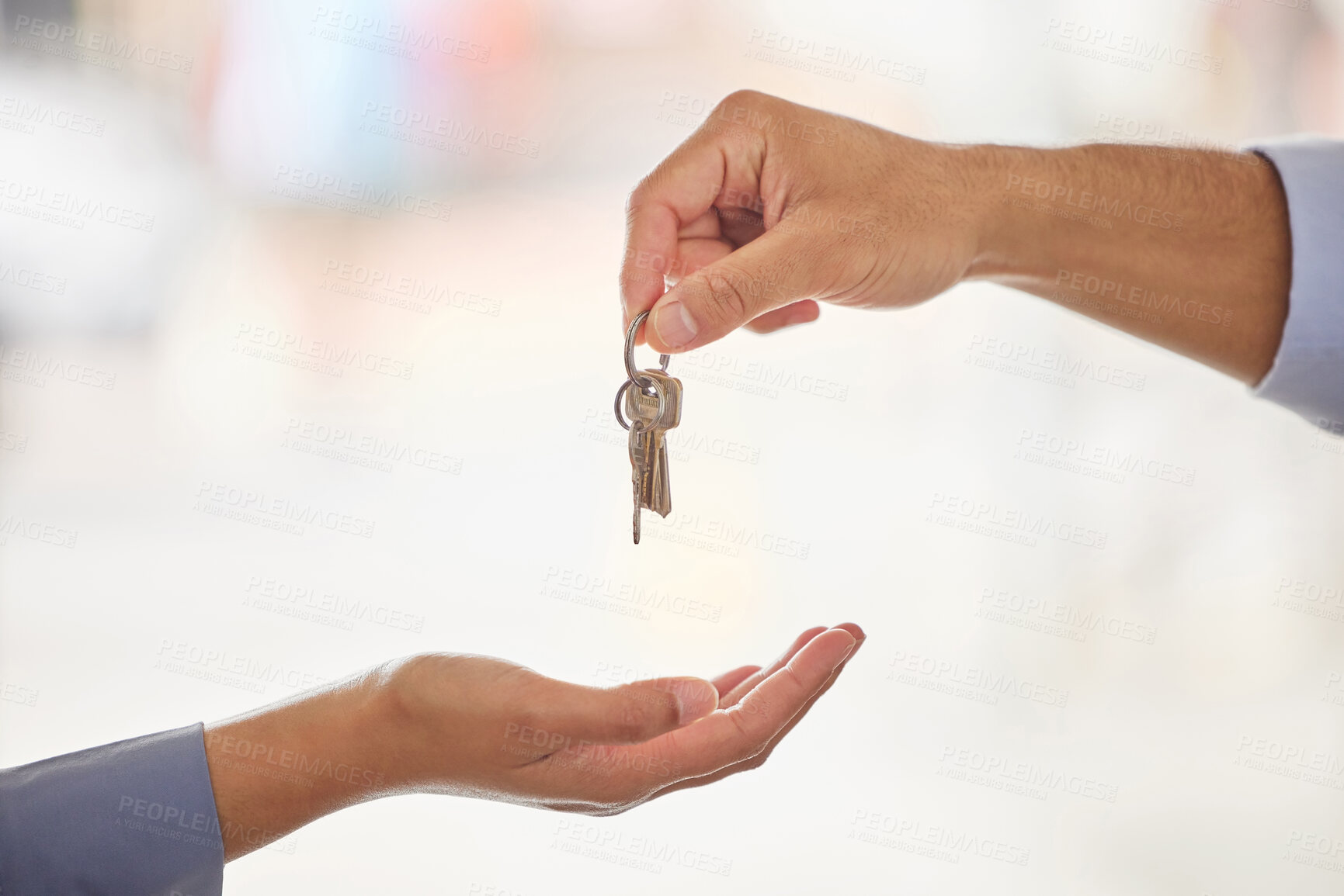 Buy stock photo Hands, realtor and agent giving keys to customer after moving into new home. Property, real estate and handing over key to owner for sale, loan or mortgage investment in apartment, house and mockup.