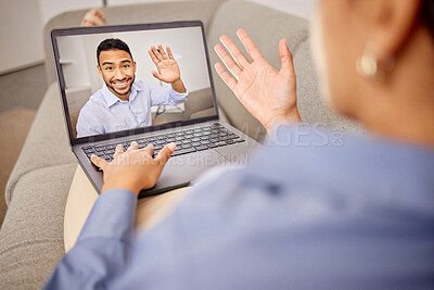 Buy stock photo Woman, sofa and video call on laptop with man for remote work, business and virtual meeting for discussion on project. Male employee, partner and technology for digital communication and conversation