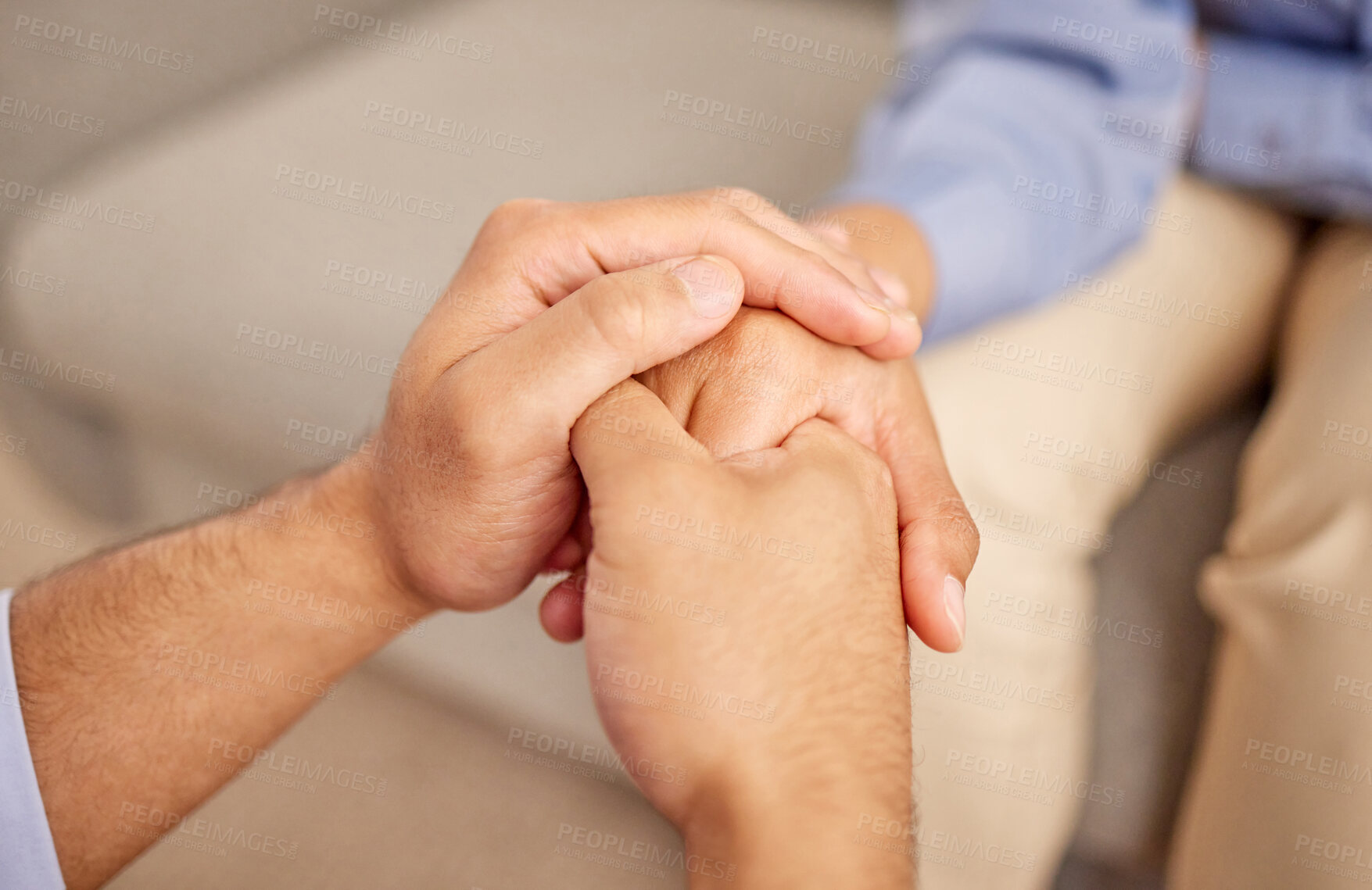 Buy stock photo Holding hands, support and wellness with therapist, patient and empathy for help, trust and care in hospital or clinic. People, counselling and compassion in therapy for grief, depression or anxiety