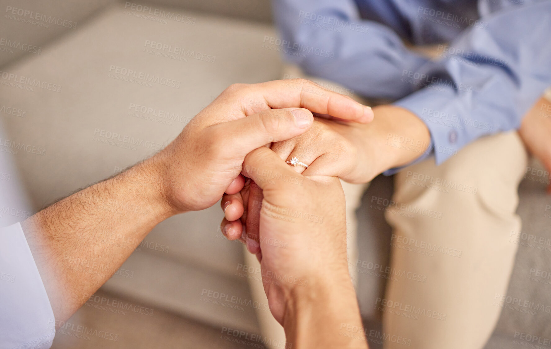 Buy stock photo Home, couple and holding hands for apology, forgive and confession on couch in living room. Married people, wife and cheating husband for empathy, sorry and request for second chance on sofa in house