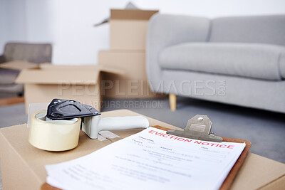 Buy stock photo Home , eviction and notice paperwork for property, finance bankruptcy and legal document or homeowner crisis. Box, vacate apartment and tape dispenser for relocation, overdue payment and tenancy rent