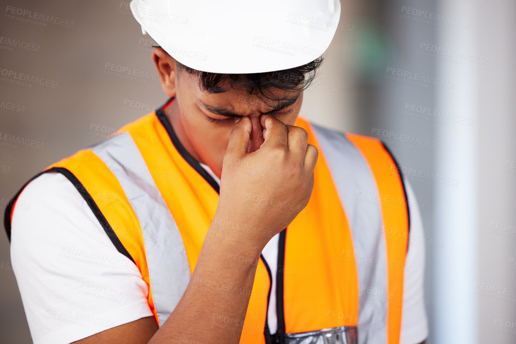 Buy stock photo Construction site, man and contractor with headache of stress, burnout and engineer mistake with worry. Builder, employee and migraine of work pressure or mental health, doubt and project manager.