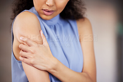 Buy stock photo Hands, woman and shoulder injury, pain or muscle tension after accident in home. Sore arm, inflammation and person with health problem, arthritis and fibromyalgia from osteoporosis in living room