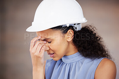 Buy stock photo Stress headache, tired and woman in construction with property crisis for project, burnout and fatigue in office. Lady engineer, frustrated and doubt or migraine for building problem, worry and fail