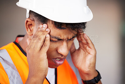 Buy stock photo Man, construction worker and headache for project stress, civil engineering mistake or anxiety. Migraine, renovation or tired builder with burnout, inspection crisis and outdoor architecture pressure