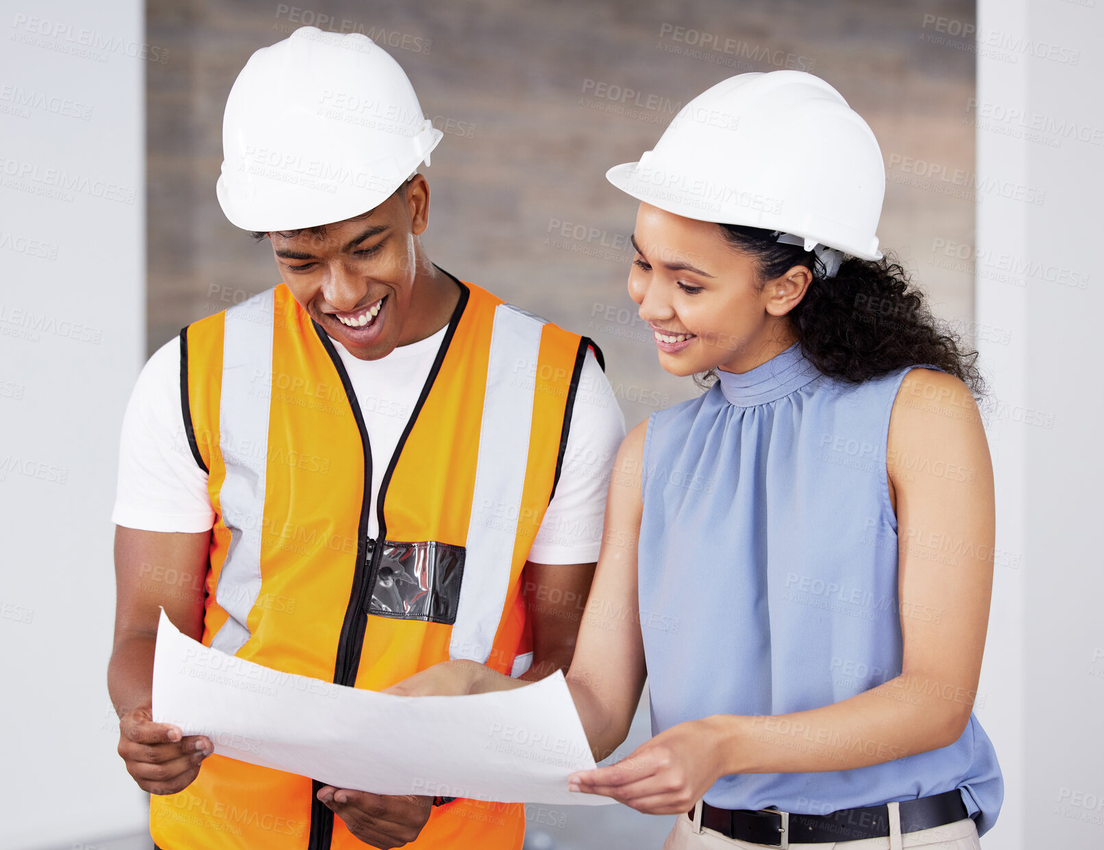 Buy stock photo People, teamwork and architecture with blueprint for planning, building design or ideas in construction site. Contractors, man and woman with paper of floor plan, project management and collaboration