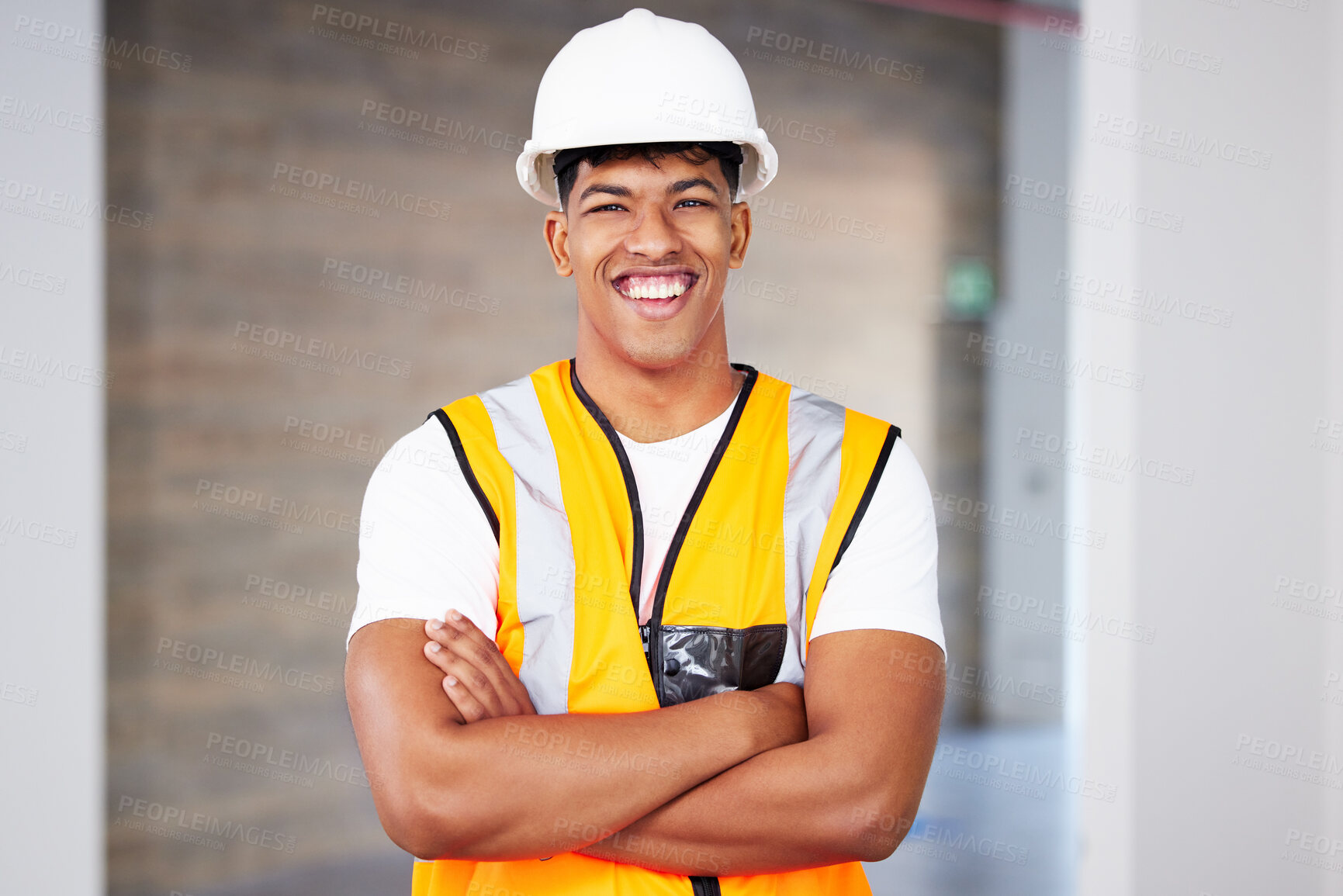 Buy stock photo Engineering, portrait and man with arms crossed for architecture, project management or construction site. Building, male contractor or pride for career, workflow or helmet for safety with confidence