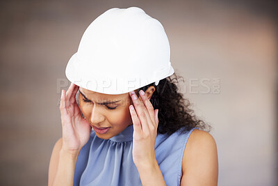 Buy stock photo Woman, construction site or headache for project stress, civil engineering mistake or anxiety. Migraine, renovation or tired female contractor with burnout, inspection crisis or architecture deadline