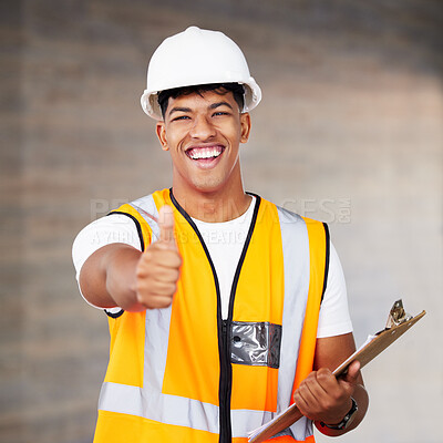 Buy stock photo Engineering, clipboard and man in portrait with thumbs up, agreement or deal in construction site. Architecture, male contractor and hand gesture for thank you, yes emoji and checklist for inspection