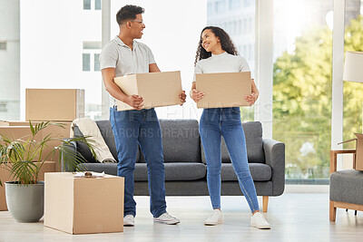 Buy stock photo Couple, together and moving with boxes in house, teamwork for change in rent with real estate. Man, woman and packing for collaboration in property with mortgage, investment in home for future growth