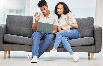 Buy stock photo Couple, wave and video call with laptop on sofa for communication, digital chat or hello in living room. Online, smile and people with hand gesture for virtual conversation, talk or greeting in home