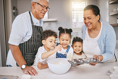 Buy stock photo Baking, ingredients and children with grandparents in kitchen for learning, development or growth. Happy, home and senior man and woman teaching kids to prepare cake, cookies or dessert for bonding.