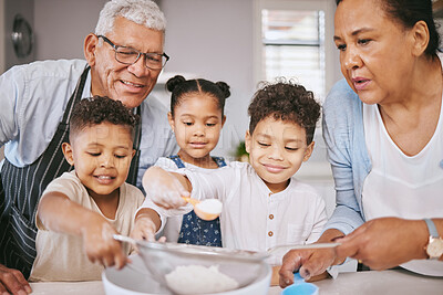 Buy stock photo Baking, kitchen and kids with grandparents in home for learning, development or growth. Happy, ingredients and senior man and woman teaching children to prepare cake, cookies or dessert for bonding.