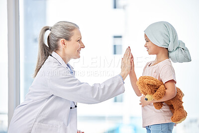 Buy stock photo Cancer, child and doctor high five in support, healthcare service and success or empathy, love and healing in hospital. Happy girl or sick kid and pediatrician or medical woman help or hands together