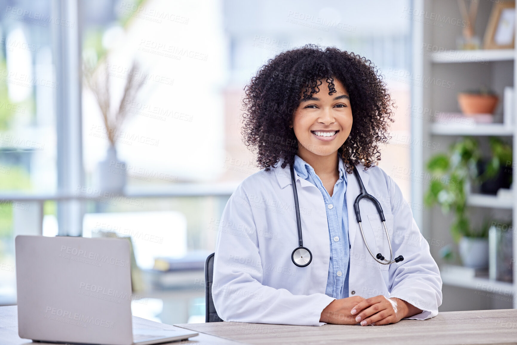 Buy stock photo Woman, portrait and doctor with laptop in office for telehealth service, support and pride in job. Hospital, smile and medical professional with tech for cardiology research, info and online report