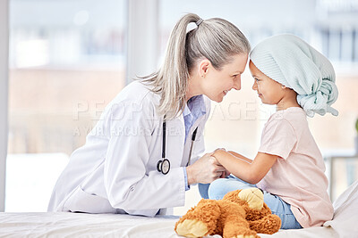 Buy stock photo Cancer patient, child and doctor holding hands for support, healthcare courage or empathy, love and healing in hospital bed. Happy girl or sick kid and pediatrician or medical person helping together