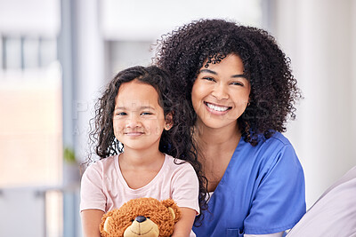 Buy stock photo Portrait, nurse and child on bed in hospital for children, health and support in expert medical treatment. Pediatric healthcare, kids and happy face of nursing caregiver with young patient at clinic.