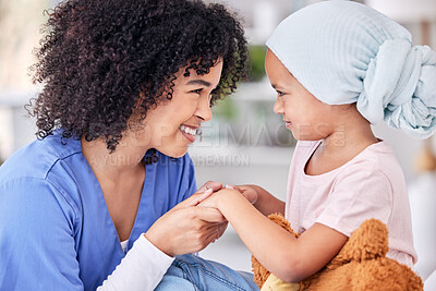 Buy stock photo Smile, nurse and child on bed in hospital for children, health and medicine, support and trust in cancer treatment. Paediatrics, healthcare and kid, nursing caregiver holding hands with young patient