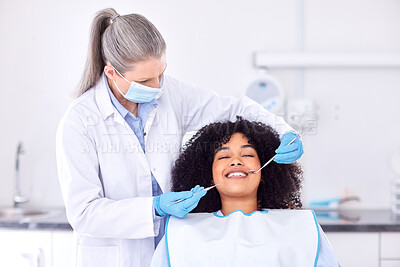 Buy stock photo Women, patient and smile with dentist for dental surgery in clinic for teeth whitening and treatment with doctor. People, satisfied and happy on consultation for canal procedure and oral care 