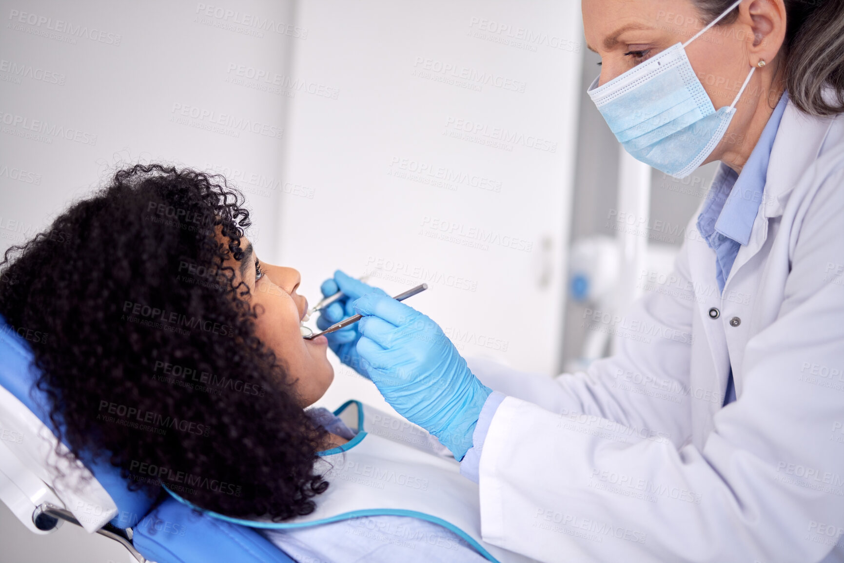 Buy stock photo Dental inspection, mouth and woman at dentist for oral checkup, examination or treatment with tools. Wellness, female patient and orthodontist with gloves for tooth decay, gum disease or cavities