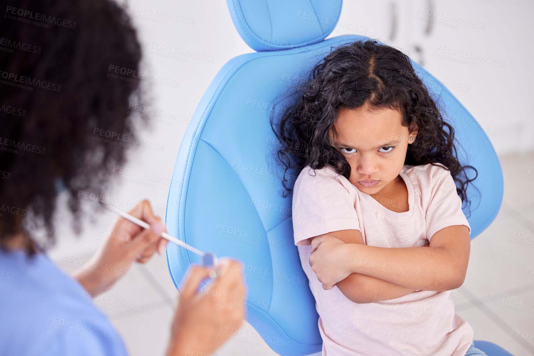 Buy stock photo Portrait, scared and dentist with child patient for tooth extraction in clinic with consultation. Fear, dentistry and upset girl kid with pediatric orthodontist for cavity removal with equipment.