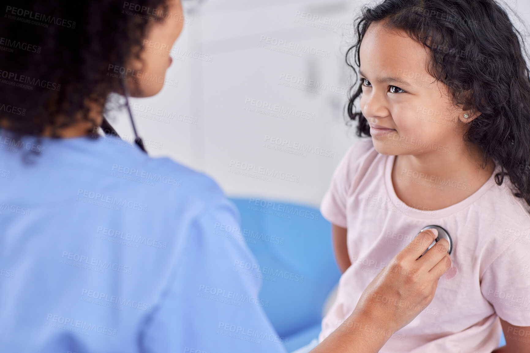 Buy stock photo Girl, child and doctor with stethoscope for healthcare in clinic for chest exam, lung health and consultation. Pediatrician, kid patient and medical appointment for cardiology and heart assessment