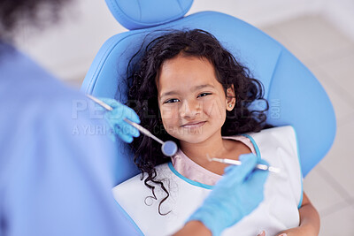 Buy stock photo Dentistry, portrait and girl child at the dentist for teeth cleaning, oral checkup or consultation. Healthcare, smile and kid laying on the chair for dental mouth examination with equipment in clinic