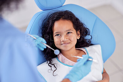 Buy stock photo Dentistry, happy and kid patient at dentist for teeth cleaning, oral checkup or consultation. Healthcare, smile and girl child laying on chair for dental mouth examination with equipment in a clinic.
