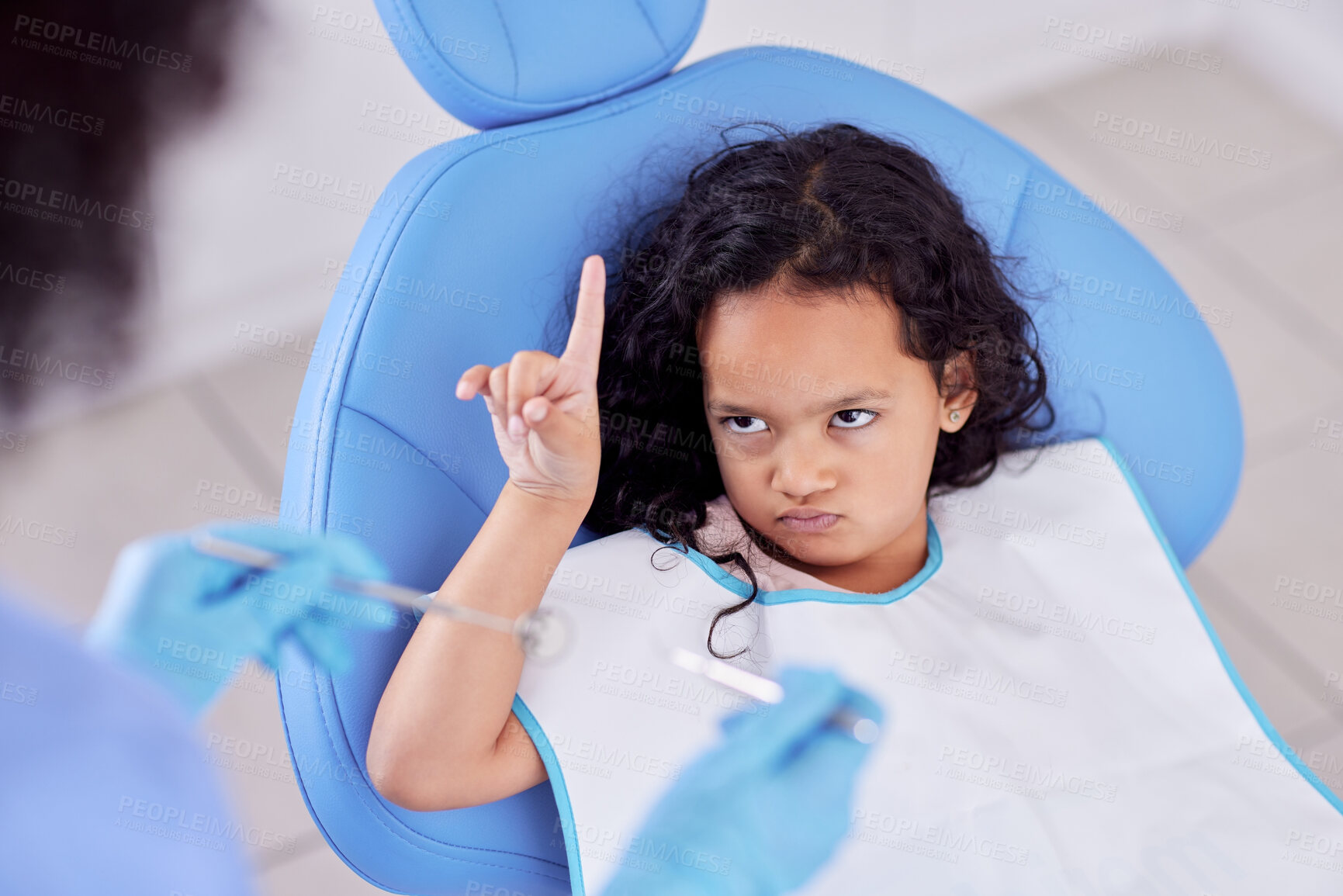 Buy stock photo Stop, upset and dentist with child patient for tooth extraction in clinic with consultation. Fear, dentistry and scared girl kid with pediatric orthodontist for cavity removal with equipment.