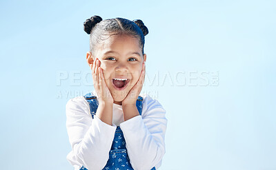 Buy stock photo Child, portrait or surprise on outdoor holiday, weekend or vacation with smile, fun or summer travel. Blue sky, mock space or face of shocked girl kid alone excited by happiness for playing in Egypt