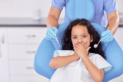 Buy stock photo Nervous kid, portrait or hands of dentist with tool for dental health, teeth cleaning or cavity treatment for oral hygiene. Pediatric clinic, worry or scared child with fear for medical consultation