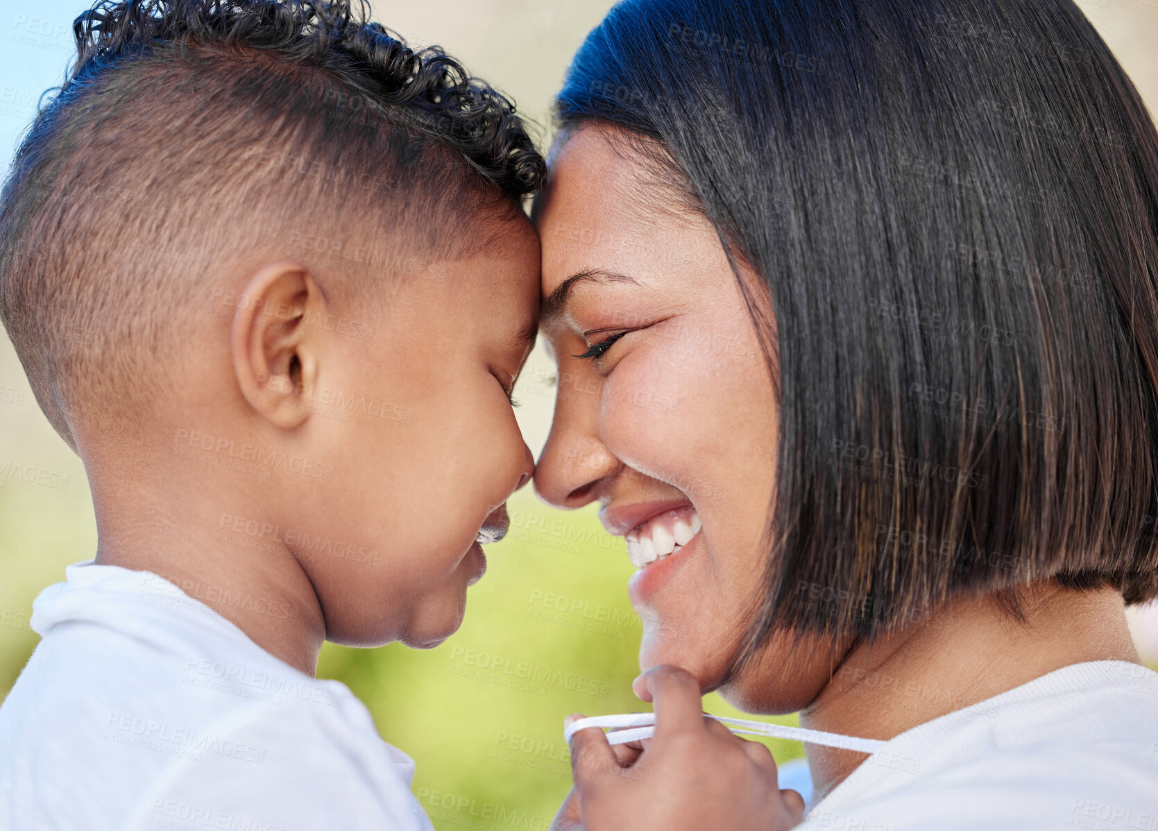 Buy stock photo Shot of an adorable little boy and his mother bonding outside