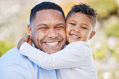 Buy stock photo Outdoor, happy and portrait of child hugging father for bonding, love and family time in nature. Connection, care and young boy kid embracing dad for sweet moment together in park, garden or field.
