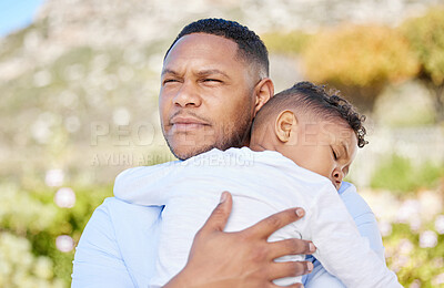 Buy stock photo Outdoor, love and father hugging child in nature for bonding, love and family time together. Connection, happy and dad embracing and carrying boy kid for sleeping or nap in park, garden or field.
