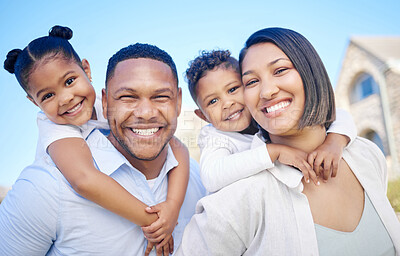 Buy stock photo Happy, piggyback and children with parents in nature for playing, bonding or family time together. Blue sky, outdoor and portrait of mother and father carry kids in park for fun, care or connection.