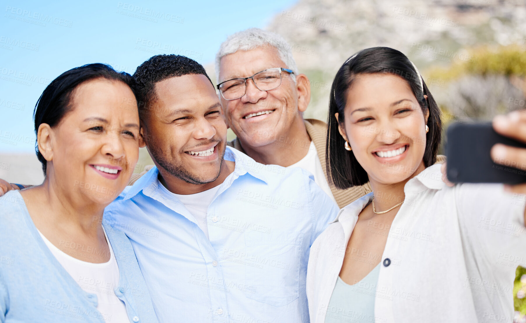 Buy stock photo Selfie, nature and people with senior parents on vacation for exploring, bonding or family time. Happy, outdoor and adult children with elderly mother and father for photography on retirement holiday